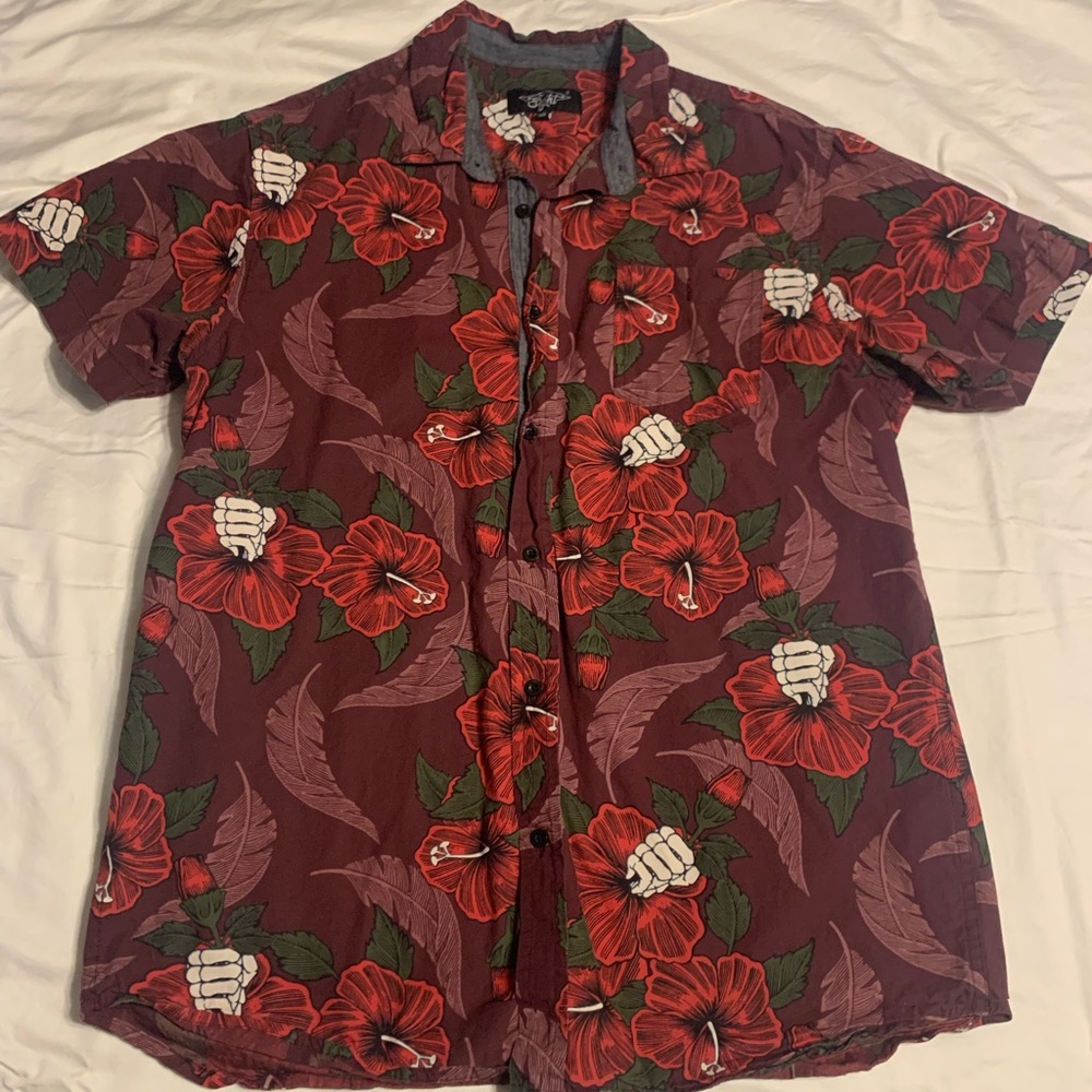 Eighty Eight skeleton flower short sleeve button up shirt